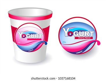 Packing for yoghurt. A glass with a sticker, a logo. A vector illustration for packing goods, products, food.