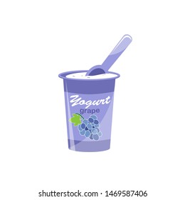 Packing yogurt with a teaspoon. Grape flavored yogurt. Vector illustration.