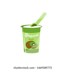 Packing yogurt with a teaspoon. Kiwi Yogurt. Vector illustration.