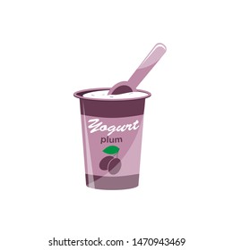 Packing yogurt with a teaspoon. Plum flavored yogurt. Vector illustration.