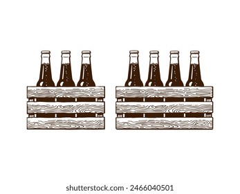 Paquetes de cerveza de vidrio embotellada en cajas de cerveza de madera. Ilustración vectorial de estilo de grabado monocromo dibujado a mano aislado sobre fondo blanco.