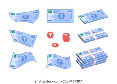 Packs of Kazakh Tenge banknotes vector illustrations set. Pile of coins, bills curving and falling. Financial analytics, financial management, deposit, accumulation and inheritance concept