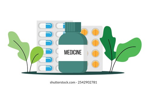 Packs of Medical Pills Flat Style Isolated on White. Health care, medicine, protection devices and tools vector art