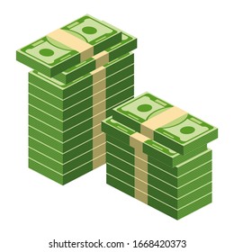 Packs of paper money. Bundle with cash bills. Keeping money in bank. Deposit, wealth, accumulation and inheritance. Flat vector cartoon money illustration. Objects isolated on a white background.