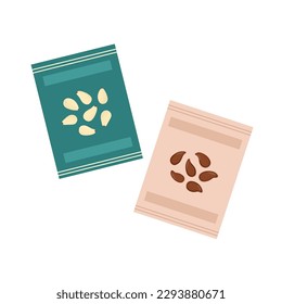 Packs with plant seeds in cartoon style. Packages with vegetable or fruit seeds. Flat design. Vector illustration