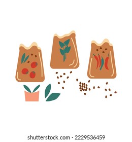 Packs of seeds. Fertilizer organic bag. Set of pack of vegetable seeds for decor, banner, print. Concept of healthy eating, springtime gardening, farming. Vector illustrations in flat style.