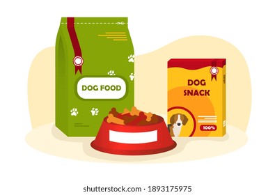 Packs of various dog food. Concept of healthy delicious dog food or snacks for those who like to pamper their animals. Flat cartoon vector illustration