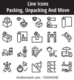 Pack,Unpacking and Move business line icons. Business service move, transportation, delivery, planing, shipping.