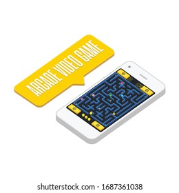 Pacman analog. Game concept with ghosts.  Modern arcade video game interface and design elements on smartphone screen. Game world. Computer or mobile game with control buttons. 