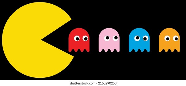 Caracteres Pac-man establecidos. Videojuego retro. Blinky, Pinky, Inky, Clyde. Ilustración editorial aislada en fondo negro