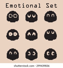 Pacman emotional pixel eyes set with ghost 