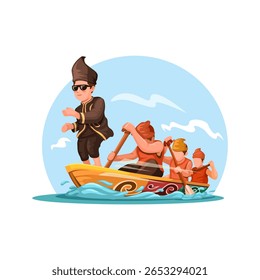 Pacu Jalur Traditional Boat Racing Sport from Riau, Indonesia Cartoon Illustration Vector