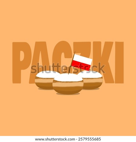 Paczki Day to celebrate on February. Three Paczki buns with powdered sugar topping and a Polish flag on beige background. Food event banner.