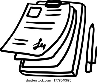 Pad with doctor medical papers. Tablet with tests and pen. Doodle Diagnosis or treatment. File document with signature. Cartoon illustration