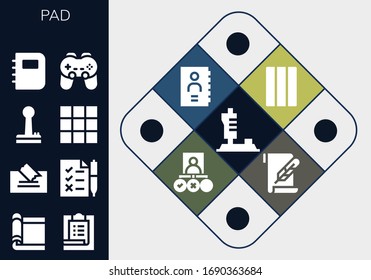 pad icon set. 13 filled pad icons.  Simple modern icons such as: Joystick, Carpet, Task, Note, Tasks, Keypad, Notebook, Gamepad, Chewing gum, Phone book, Paper