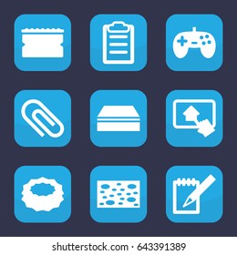 Pad icon. set of 9 filled pad icons such as sponge, notebook, clipboard, home on tablet, joystick