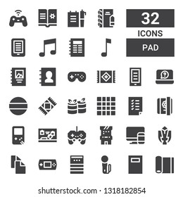 pad icon set. Collection of 32 filled pad icons included Yoga mat, Notebook, Joystick, Note, Gamepad, Copy, Fighting game, Responsive, Arcade game, Gameboy, Diary, Tasks, Mat