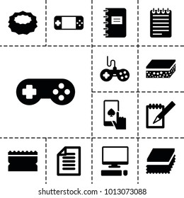 Pad icons. set of 13 editable filled pad icons such as joystick, sponge, notebook, paper, pointer on display, finger on display, notepad