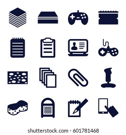 pad icons set. Set of 16 pad filled icons such as joystick, finger on display, sponge, laptop, paper, notebook, clipboard