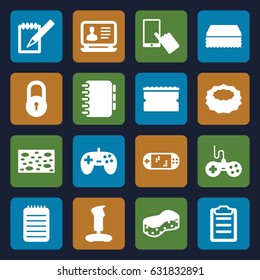 Pad icons set. set of 16 pad filled icons such as lock, joystick, finger on display, sponge, laptop, notebook, clipboard