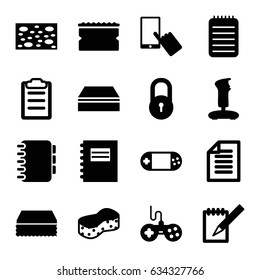 Pad icons set. set of 16 pad filled icons such as lock, joystick, finger on display, sponge, portable console, notebook, clipboard, paper