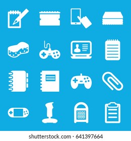 Pad icons set. set of 16 pad filled icons such as joystick, finger on display, sponge, laptop, portable console, notebook, clipboard, notepad