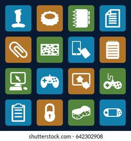 Pad icons set. set of 16 pad filled icons such as lock, joystick, pointer on display, finger on display, sponge, portable console, notebook, clipboard, paper, home on tablet
