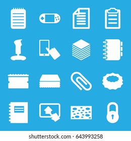 Pad icons set. set of 16 pad filled icons such as lock, finger on display, sponge, portable console, notebook, clipboard, paper, home on tablet, joystick, notepad