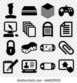 Pad icons set. set of 16 pad filled icons such as lock, pointer on display, sponge, laptop, paper, portable console, notebook, home on tablet, portable game console, joystick