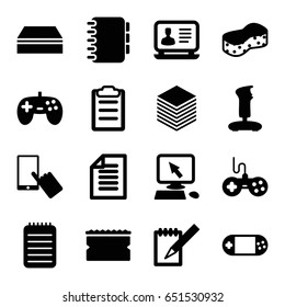Pad icons set. set of 16 pad filled icons such as joystick, pointer on display, finger on display, sponge, laptop, portable console, notebook, clipboard