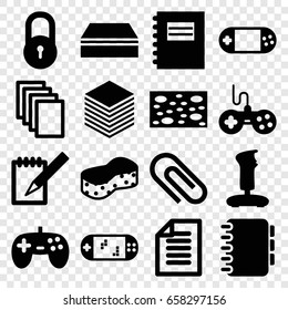 Pad icons set. set of 16 pad filled icons such as lock, joystick, sponge, paper, portable console, notebook, portable game console, notepad
