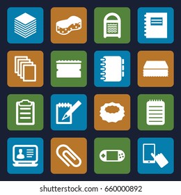 Pad icons set. set of 16 pad filled icons such as finger on display, sponge, laptop, paper, portable console, notebook, clipboard, notepad