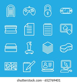 Pad icons set. set of 16 pad outline icons such as lock, pointer on display, sponge, laptop, notebook, paper, home on tablet, portable game console