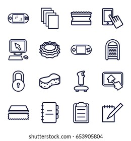 Pad icons set. set of 16 pad outline icons such as lock, pointer on display, finger on display, sponge, paper, portable console, notebook, clipboard, home on tablet