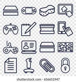Pad icons set. set of 16 pad outline icons such as lock, joystick, finger on display, sponge, laptop, portable console, notebook, paper, home on tablet