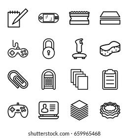 Pad icons set. set of 16 pad outline icons such as lock, joystick, sponge, laptop, paper, notebook, clipboard, portable game console