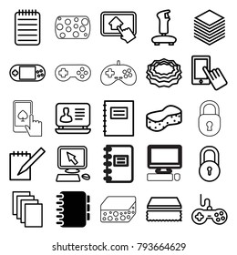 Pad icons. set of 25 editable outline pad icons such as notebook, lock, joystick, pointer on display, finger on display, sponge, laptop, paper, notepad, portable console