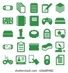 Pad icons set. set of 25 pad filled icons such as lock, joystick, pointer on display, finger on display, sponge, laptop, paper, portable console, notebook, clipboard
