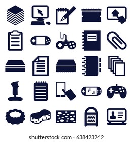 Pad icons set. set of 25 pad filled icons such as joystick, pointer on display, finger on display, sponge, laptop, paper, portable console, notebook, clipboard, home on tablet