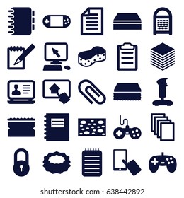 Pad icons set. set of 25 pad filled icons such as lock, joystick, pointer on display, finger on display, sponge, laptop, paper, portable console, notebook, clipboard