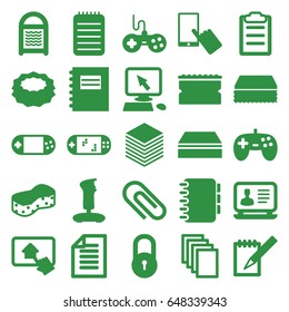 Pad icons set. set of 25 pad filled icons such as lock, joystick, pointer on display, finger on display, sponge, laptop, paper, portable console, notebook, clipboard