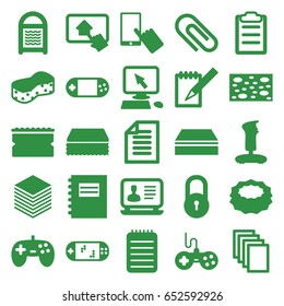 Pad icons set. set of 25 pad filled icons such as lock, joystick, pointer on display, finger on display, sponge, laptop, paper, portable console, notebook, clipboard