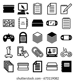 Pad icons set. set of 25 pad filled and outline icons such as pointer on display, sponge, laptop, paper, portable console, portable game console, joystick, finger on display