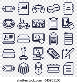Pad icons set. set of 25 pad outline icons such as lock, joystick, pointer on display, finger on display, sponge, laptop, portable console, notebook, clipboard, paper