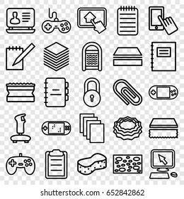 Pad icons set. set of 25 pad outline icons such as lock, joystick, pointer on display, finger on display, sponge, laptop, paper, portable console, notebook, clipboard