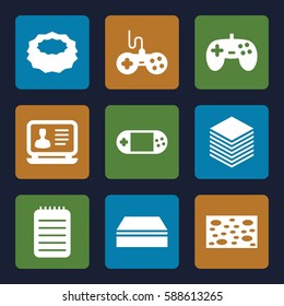 pad icons set. Set of 9 pad filled icons such as joystick, sponge, laptop, portable console, notebook