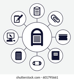 pad icons set. Set of 9 pad filled icons such as pointer on display, sponge, portable console, notebook, clipboard, notepad