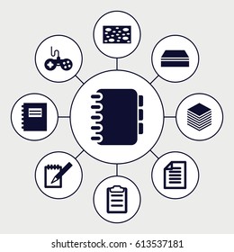 Pad icons set. set of 9 pad filled icons such as joystick, sponge, notebook, clipboard, paper