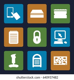 Pad icons set. set of 9 pad filled icons such as lock, pointer on display, finger on display, sponge, notebook