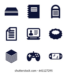 Pad icons set. set of 9 pad filled icons such as sponge, laptop, paper, portable game console, joystick